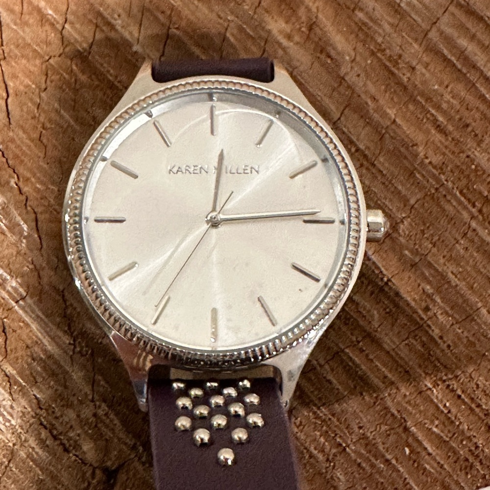 Karen Millen Silver Dial Watch with Purple Studded Strap - Picture 6 of 9